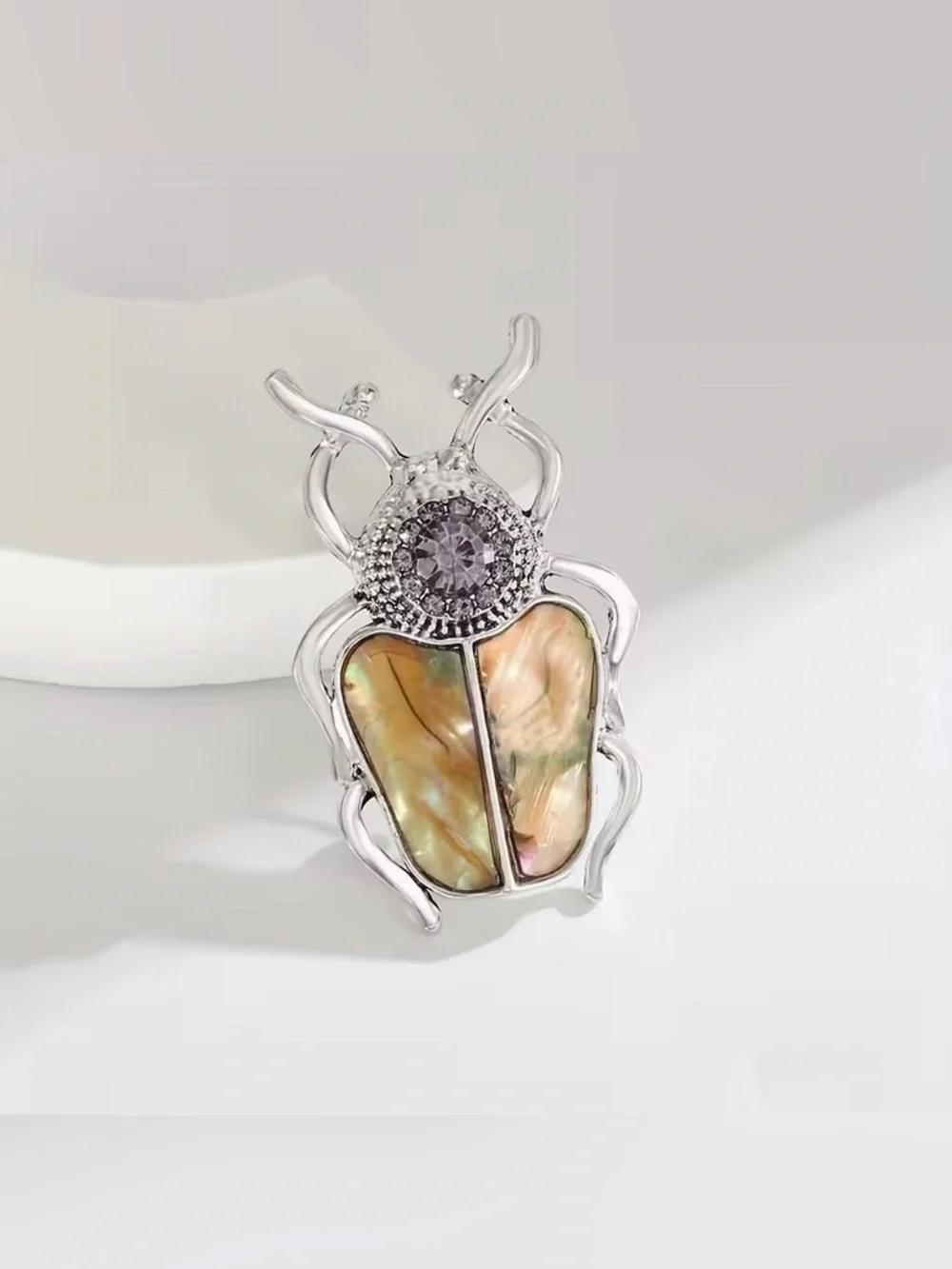 Beetle Brooch Silvery Yellow Color Modern New